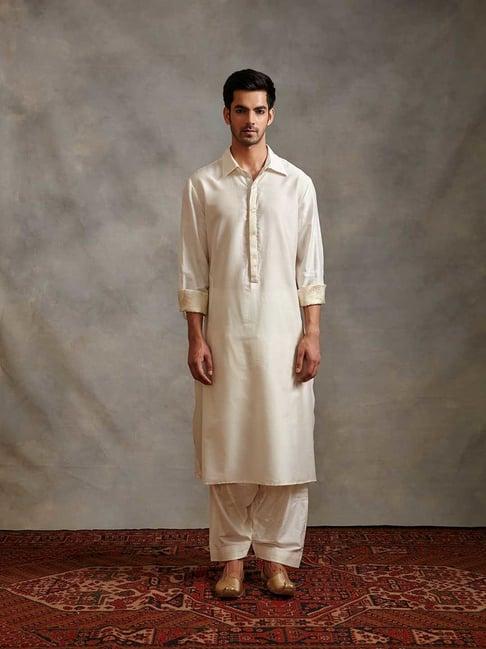 abhishti white regular fit banarasi kurta & afghani pants set