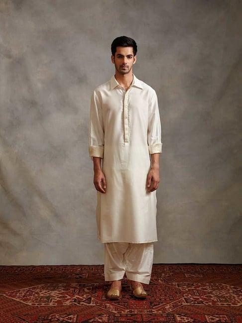 abhishti white regular fit banarasi zari placket kurta