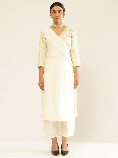 abhishti white zari work kurta pant set