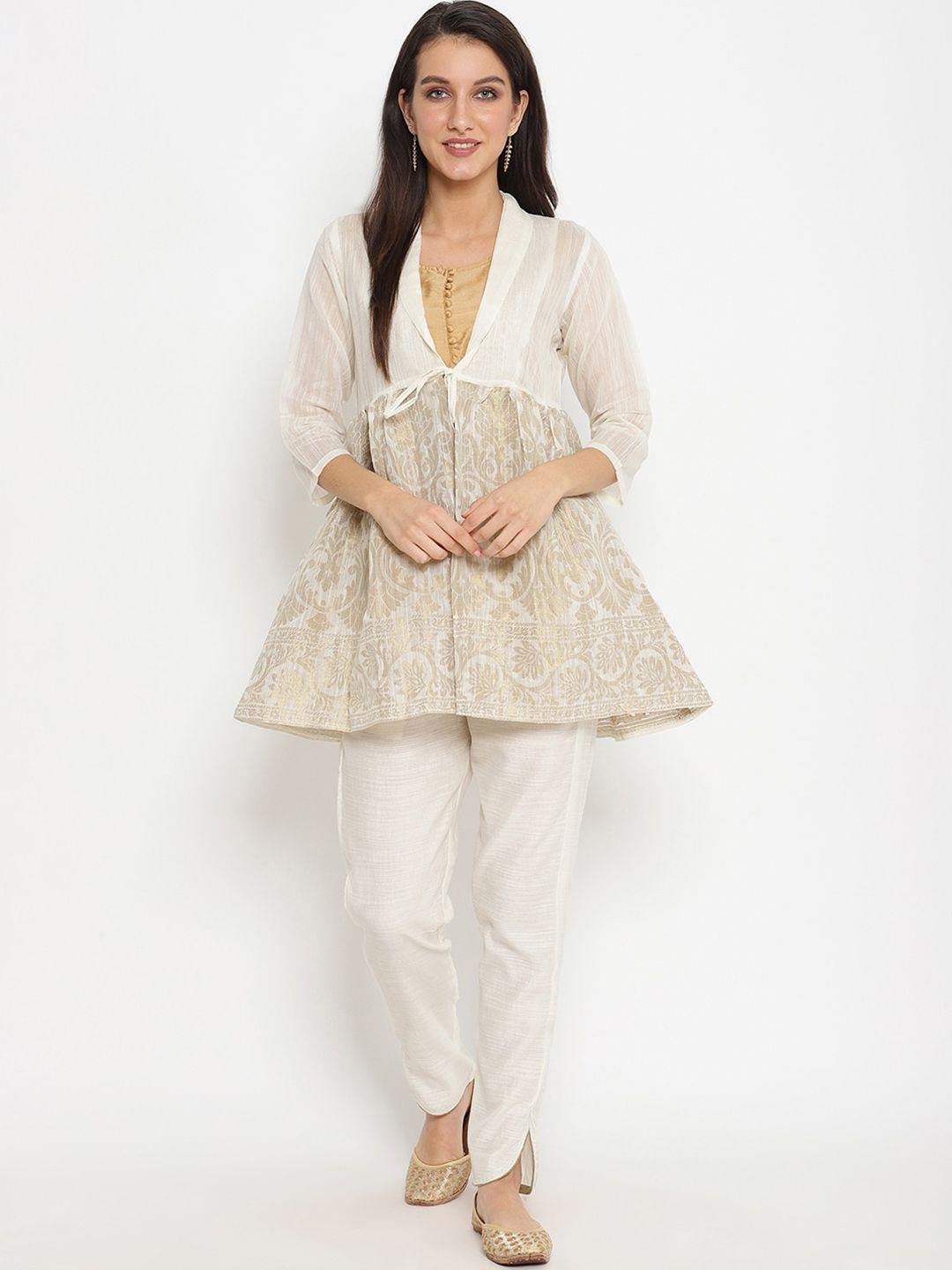 abhishti women beige & white solid kurti with trousers and jacket