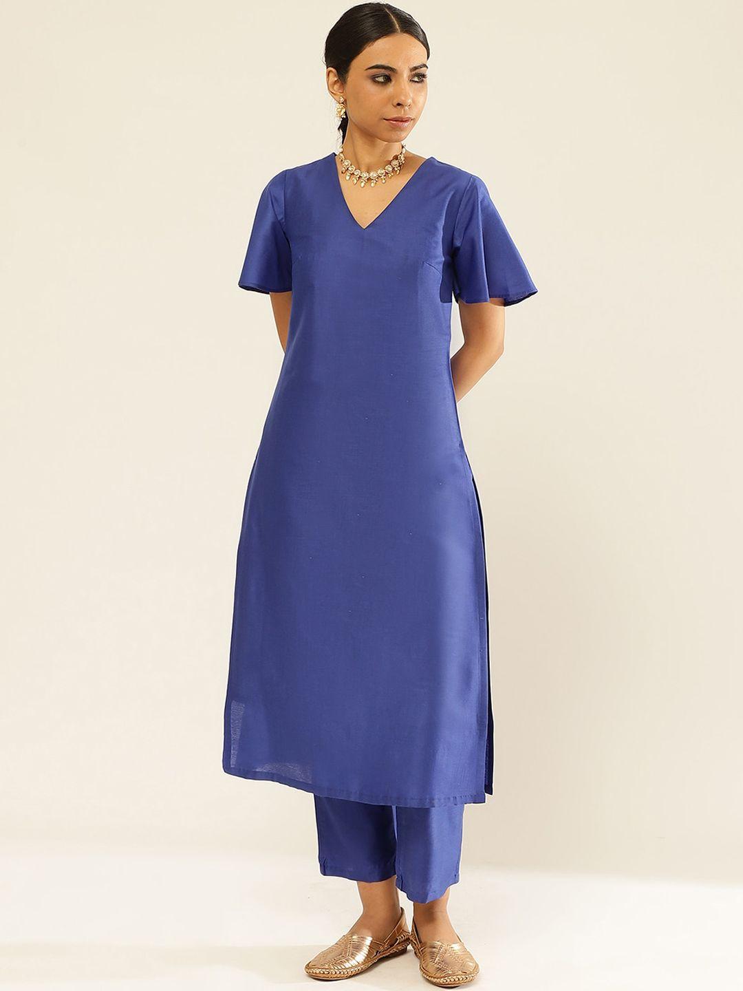 abhishti women blue regular kurta with trousers
