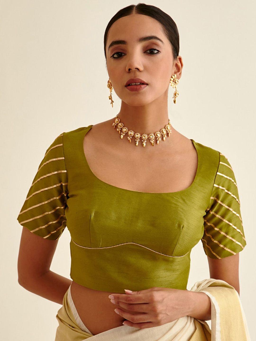 abhishti women green printed cotton saree blouse