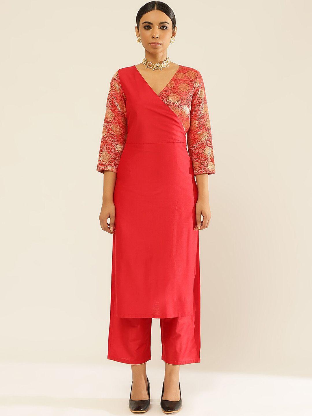 abhishti women red angrakha kurta with trousers