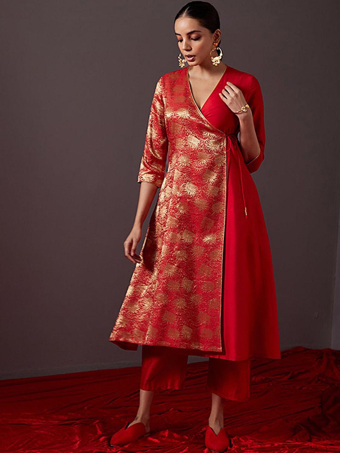 abhishti women red printed angrakha kurta with trousers