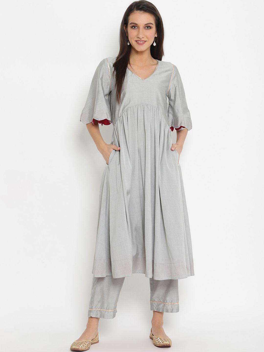 abhishti women silver-toned solid kurta with trousers