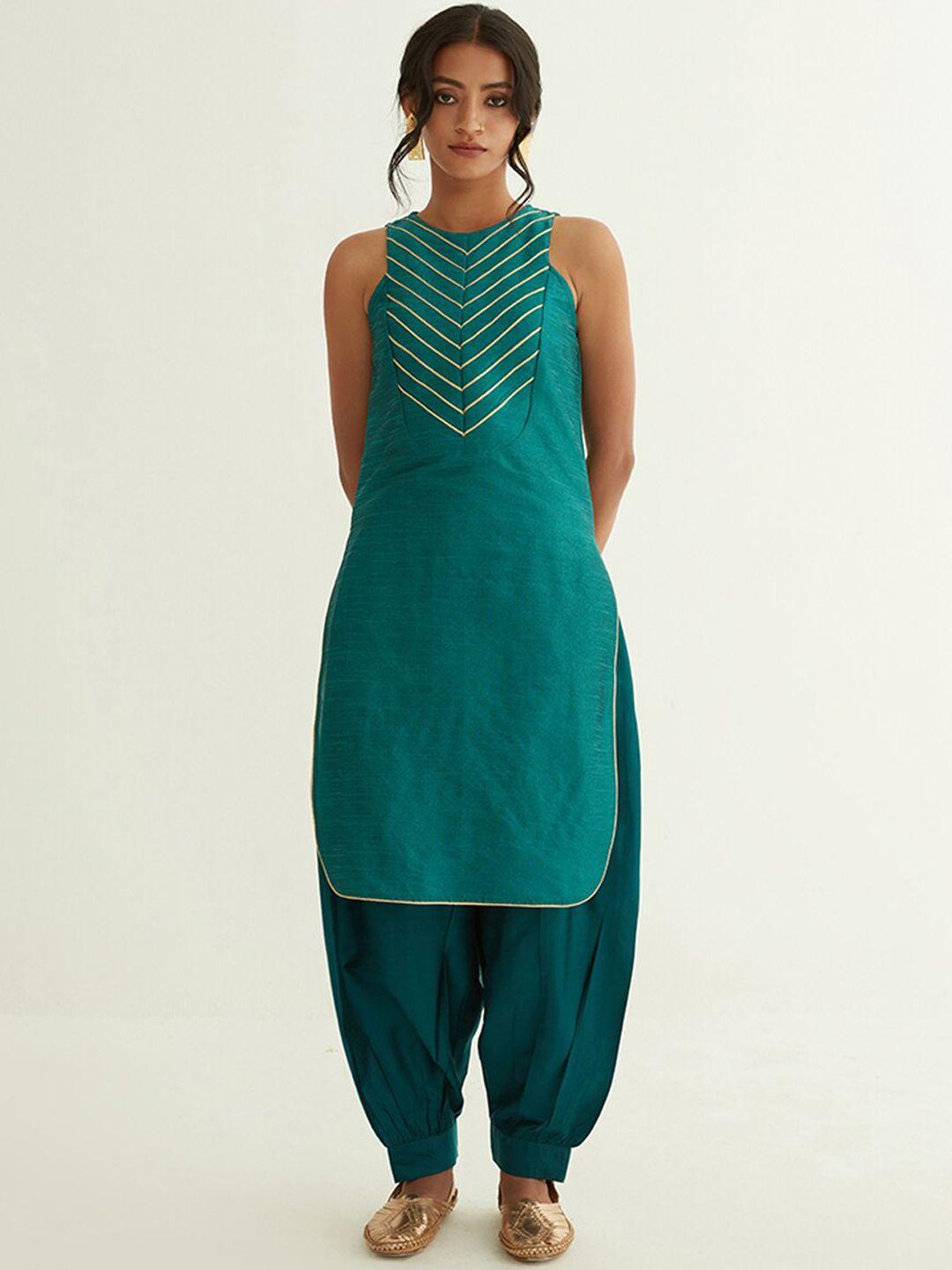 abhishti women teal striped high-low hem kurta