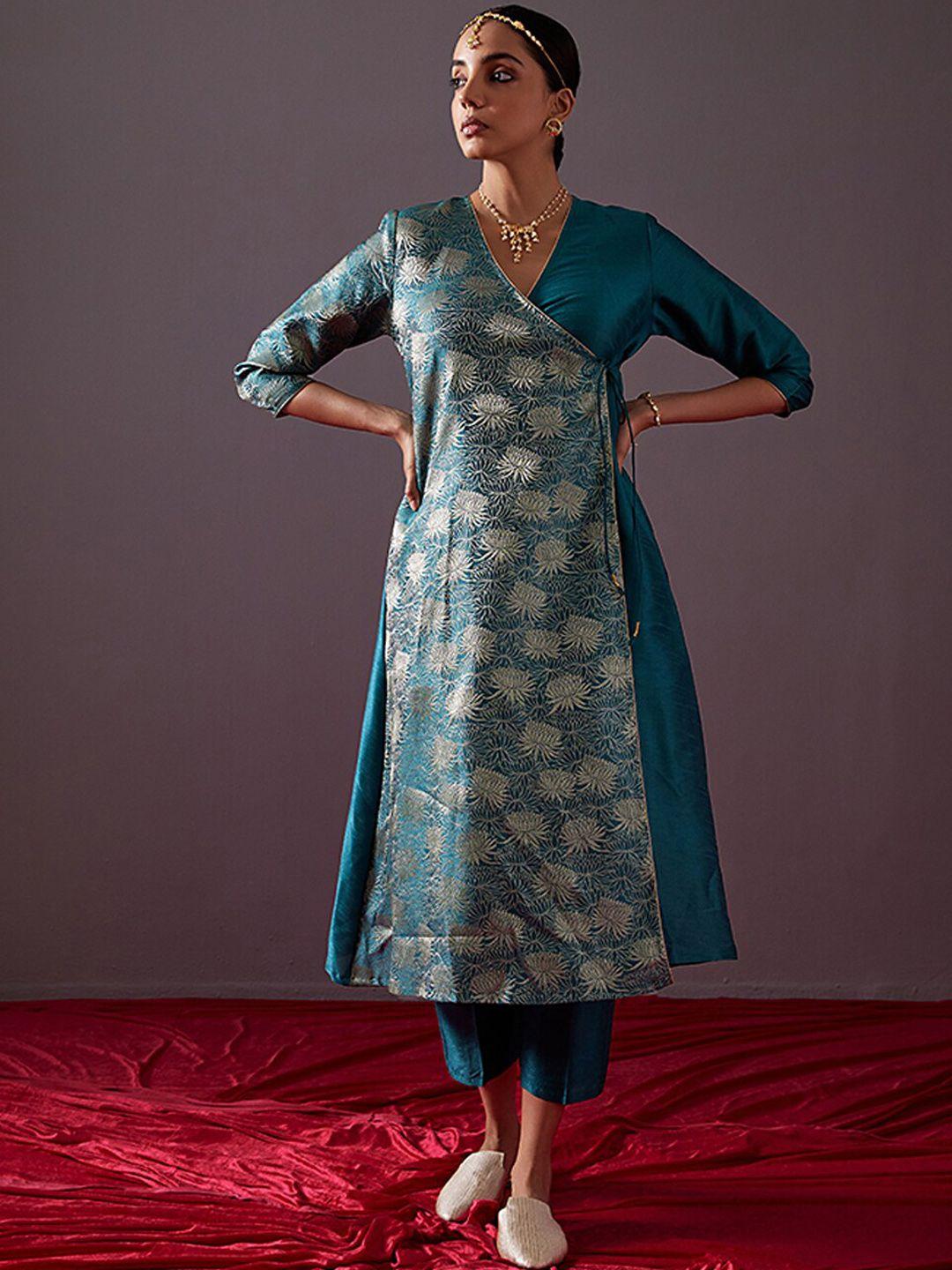 abhishti women turquoise blue printed angrakha kurta with trousers