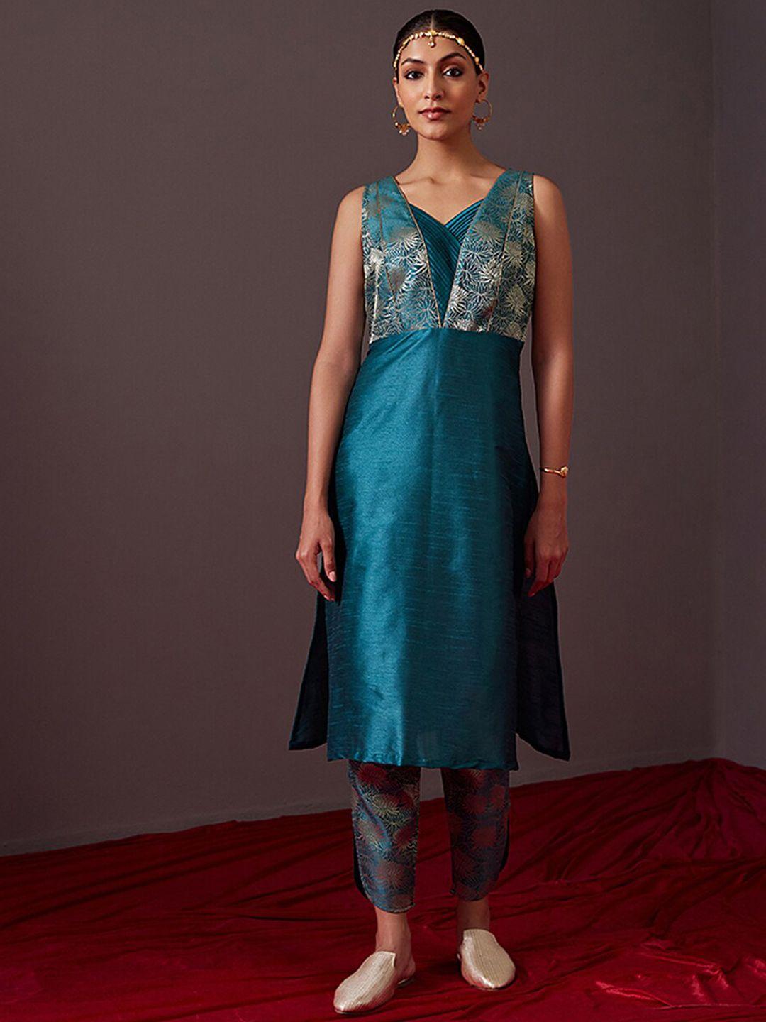 abhishti women turquoise blue printed kurta with trousers