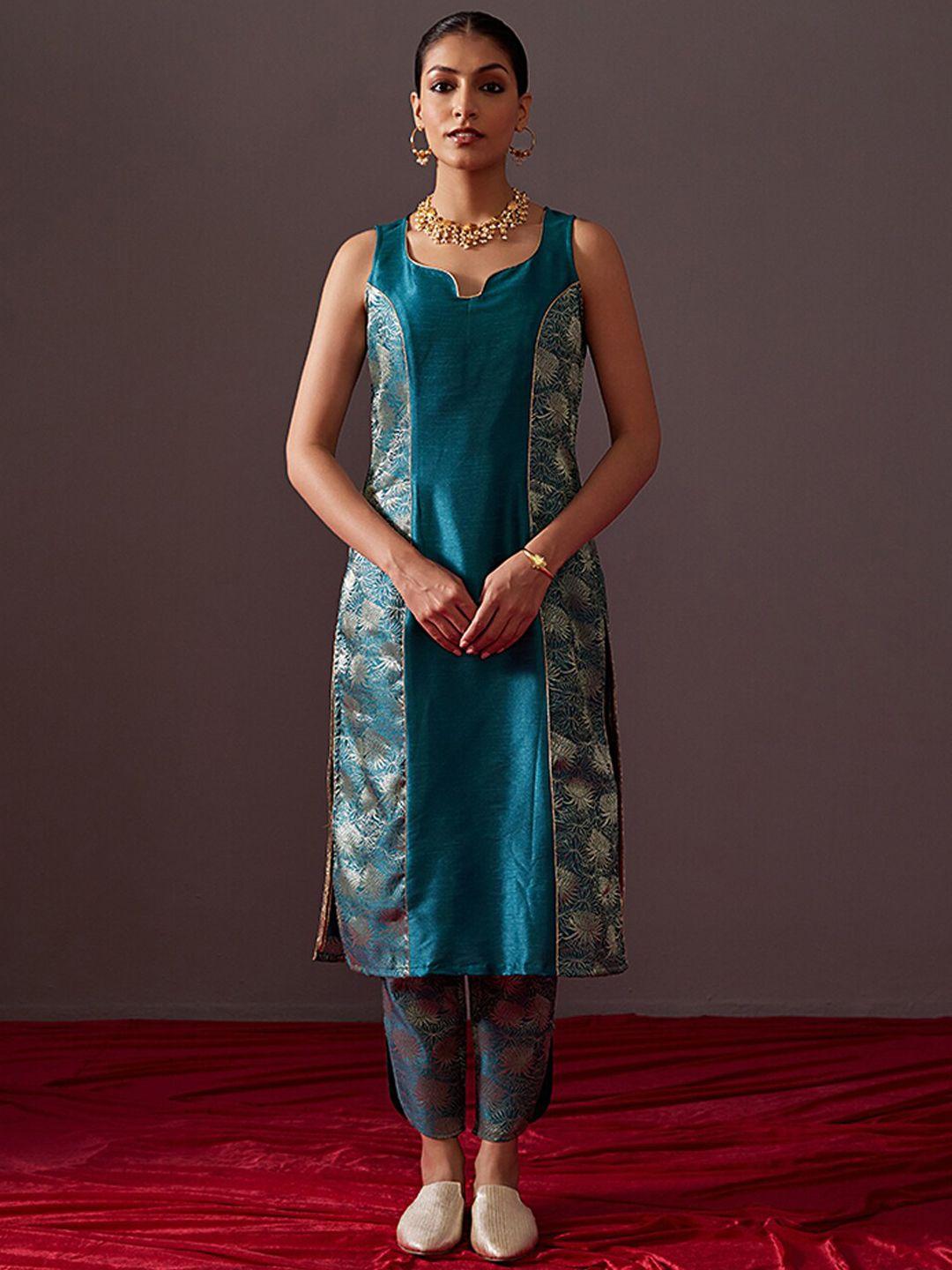 abhishti women turquoise blue printed panelled kurta with trousers