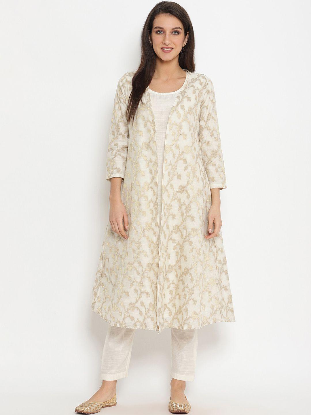 abhishti women white solid kurta with trousers and jacket