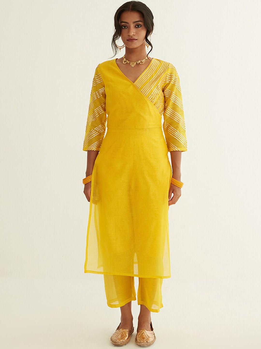abhishti women yellow paisley yoke design gotta patti kurta