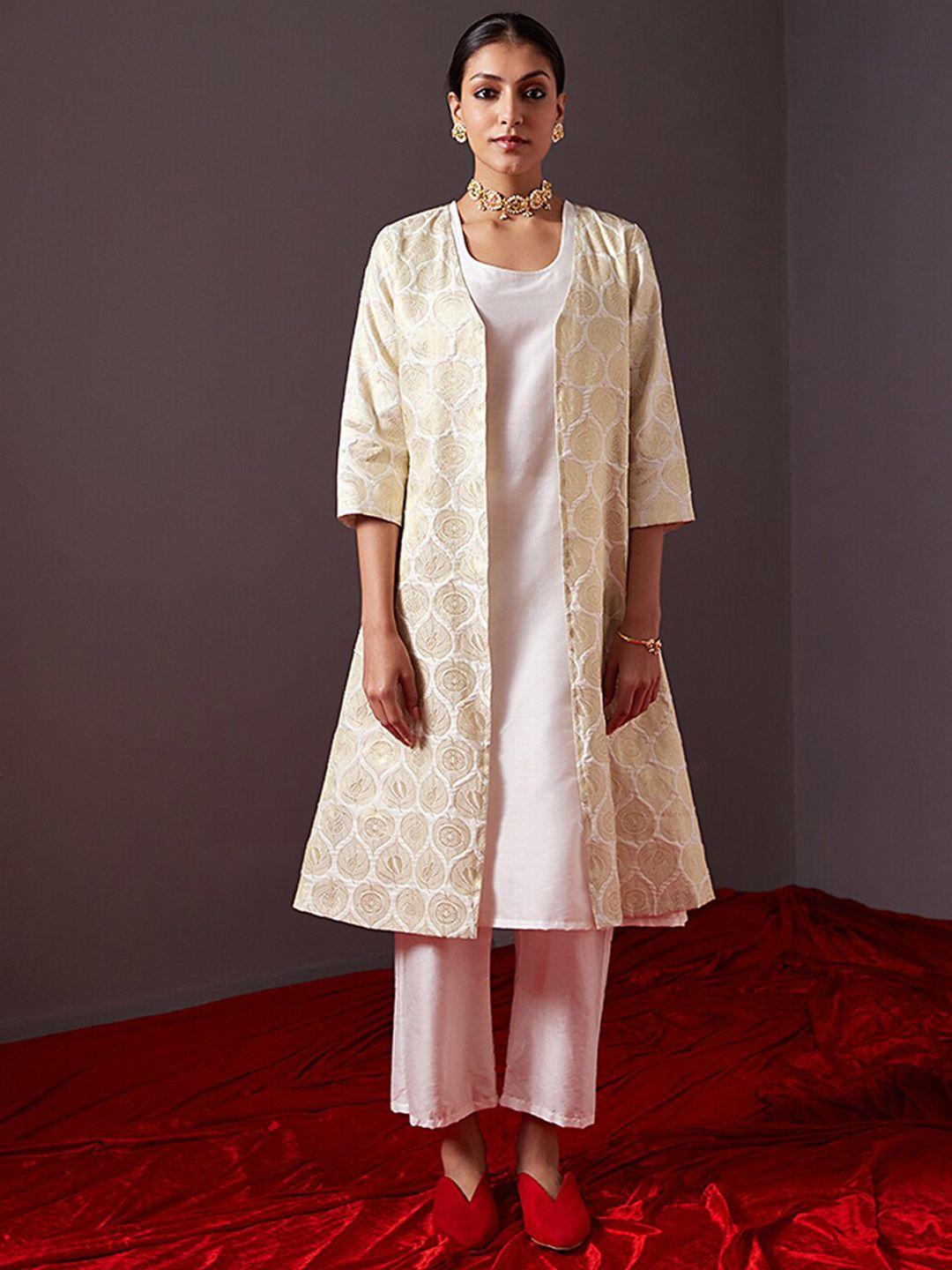 abhishti woven design a-line cotton kurta with jacket