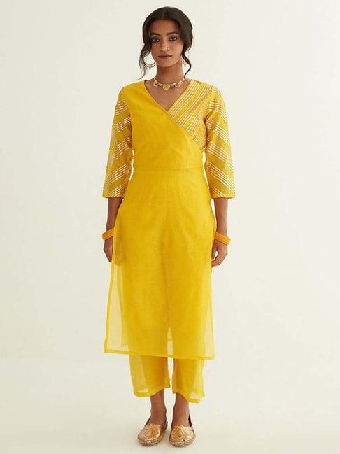 abhishti yellow striped straight kurta