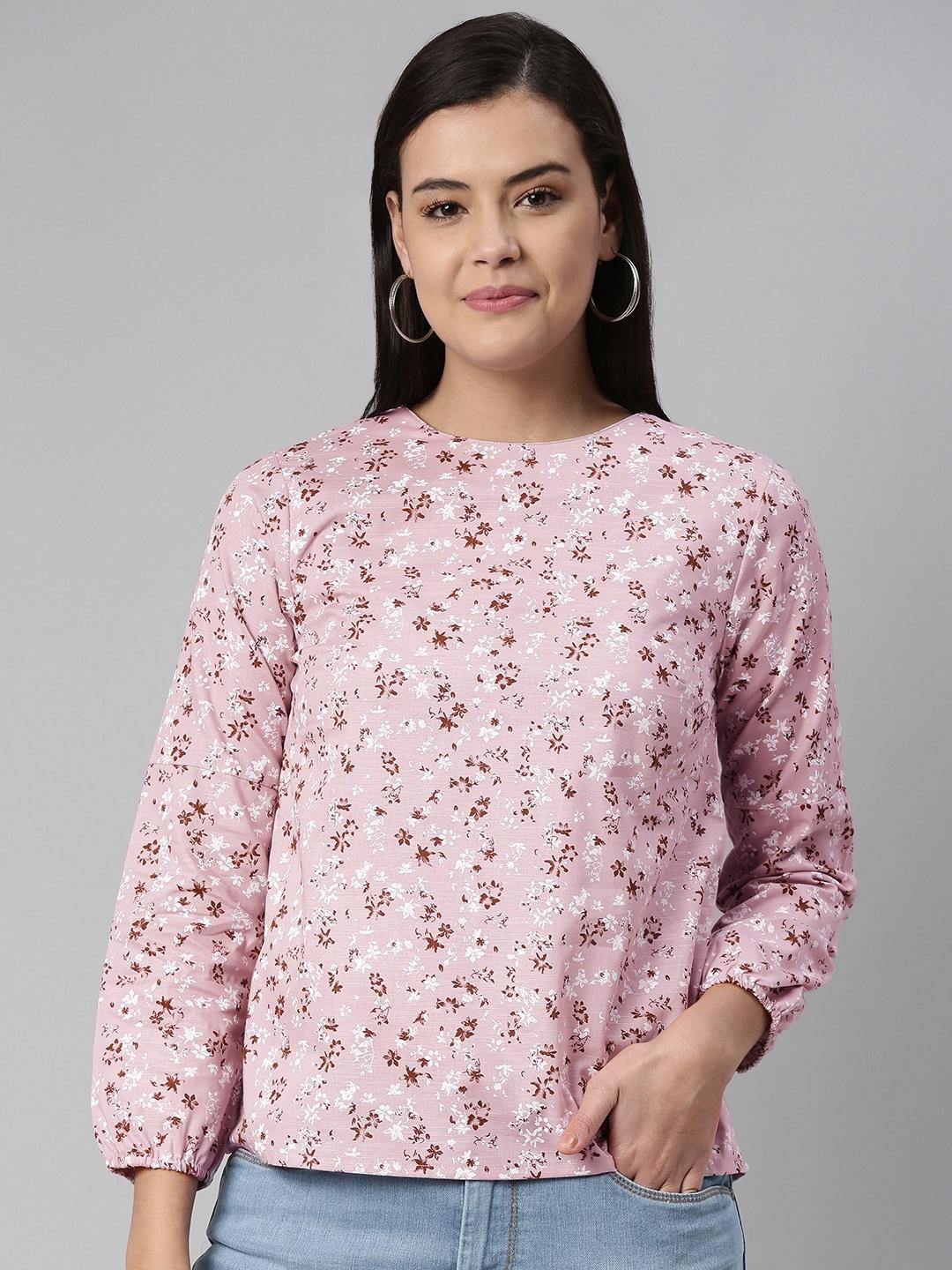 abof pink & white floral puff sleeve regular top