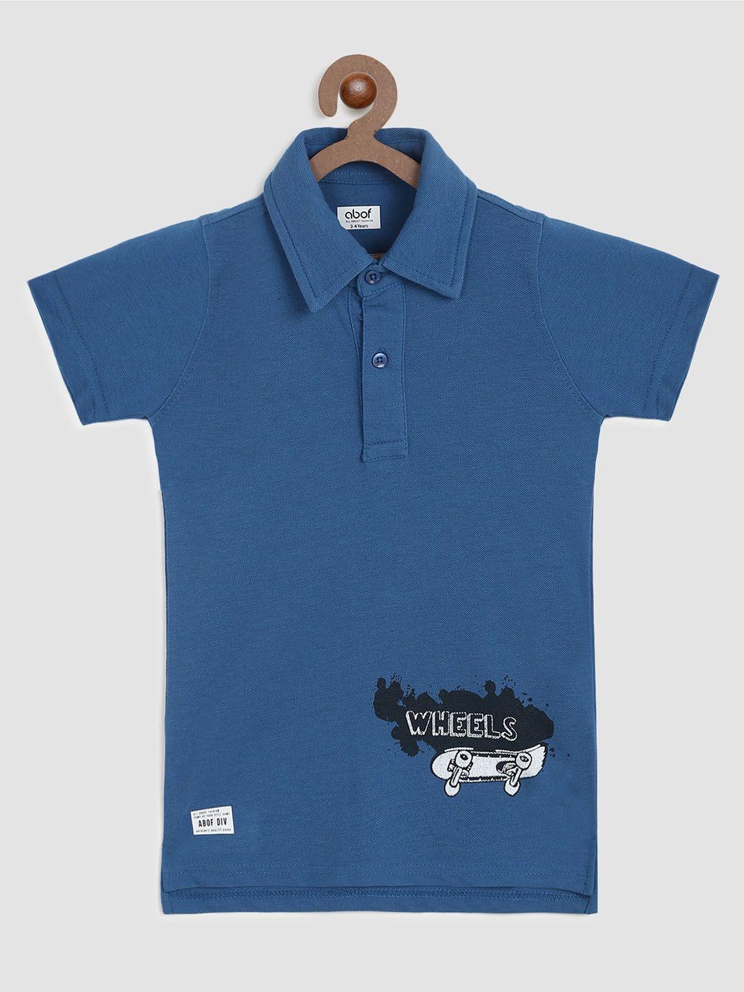 abof boys blue sports printed polo collar slim fit cotton t-shirt