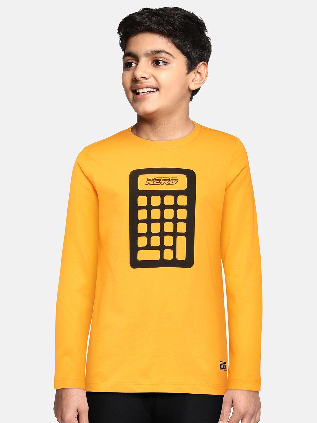 abof boys mustard yellow printed pure cotton t-shirt