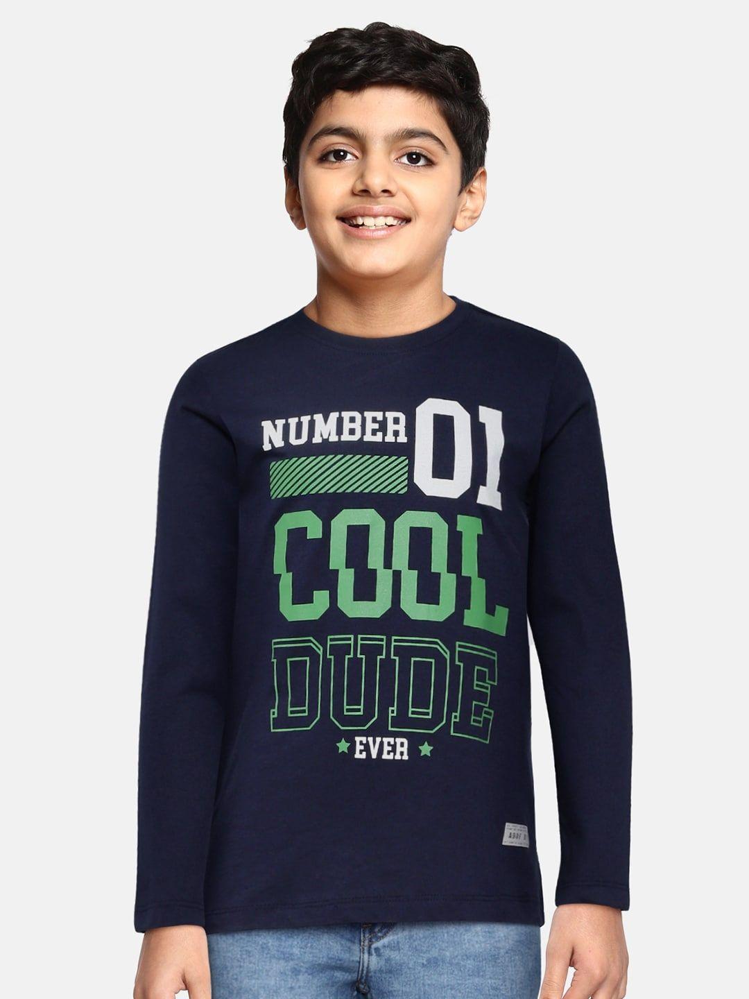 abof boys navy blue typography printed pure cotton t-shirt