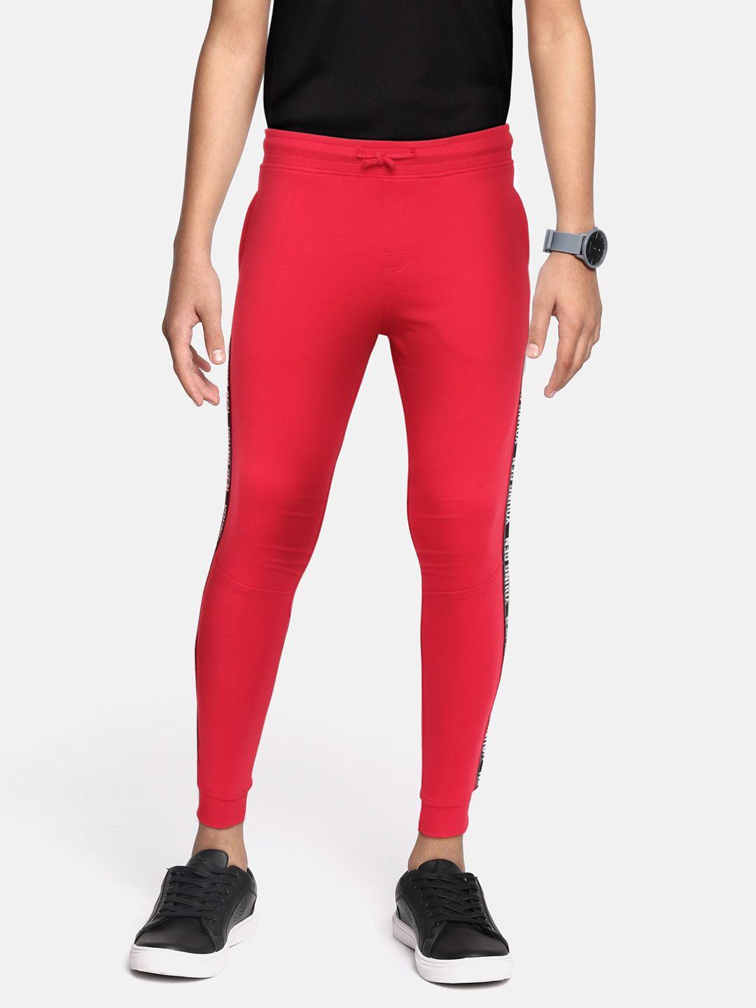 abof boys red & black solid pure cotton joggers with typography print detail at side seam