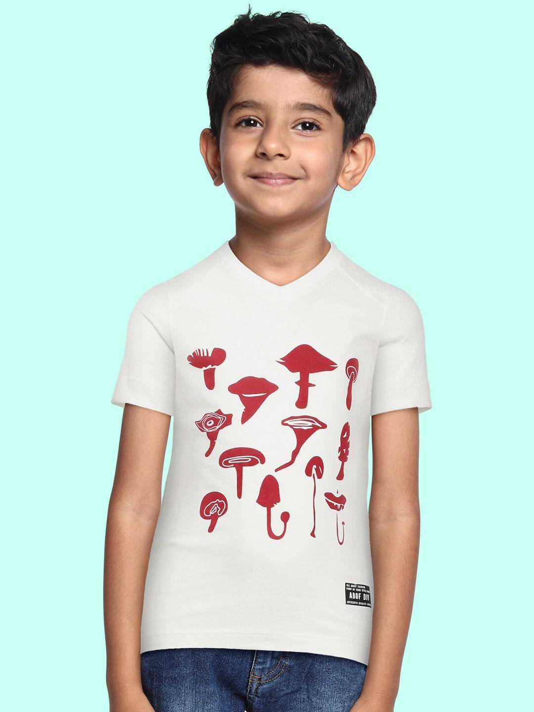 abof boys white printed v-neck pure cotton t-shirt