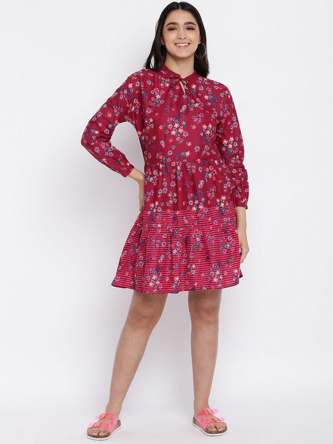 abof maroon floral tie-up neck dress