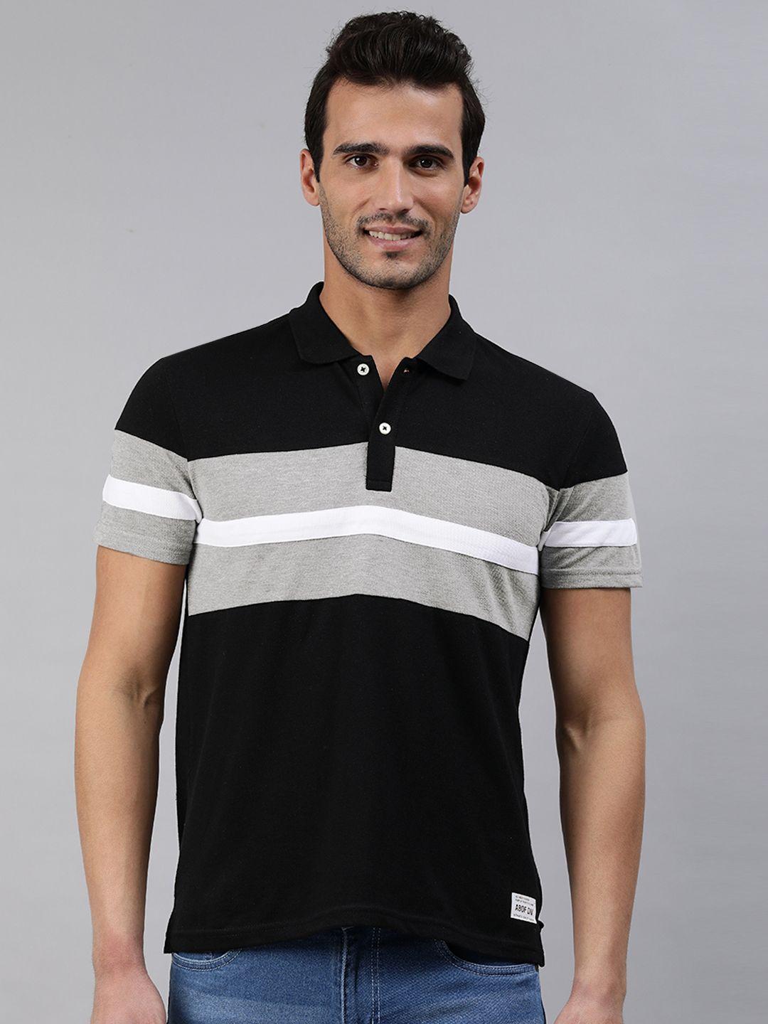 abof men black & grey colourblocked polo collar t-shirt