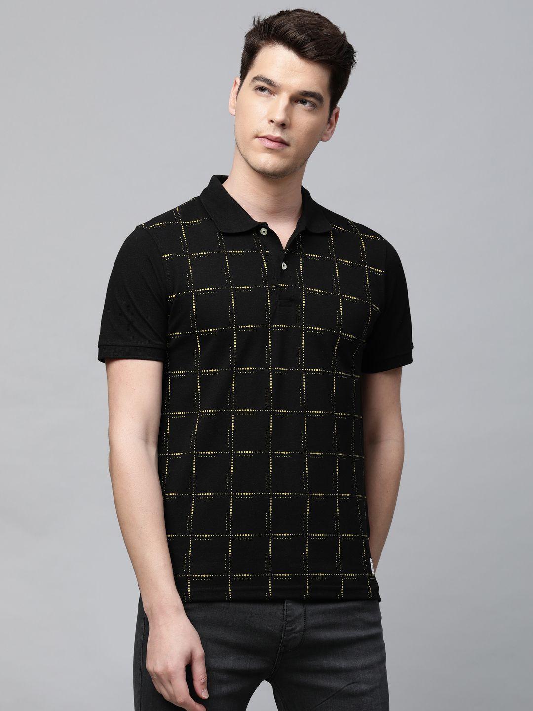 abof men black & yellow geometric printed polo collar t-shirt