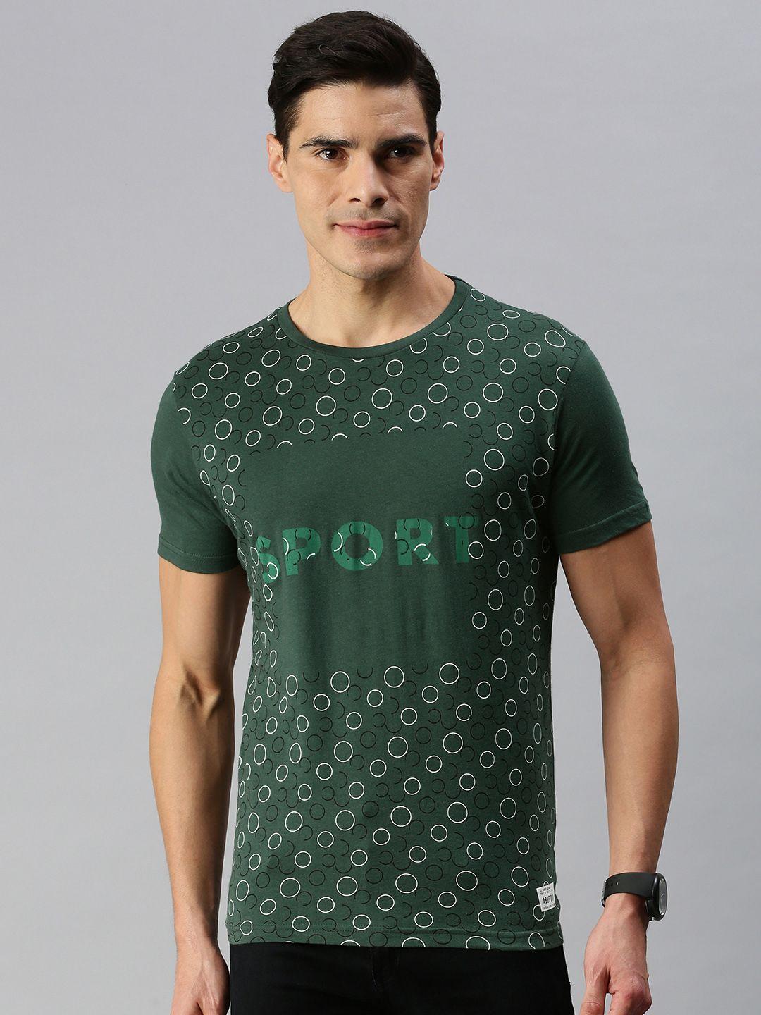 abof men green geometric and typography printed pure cotton casual t-shirt