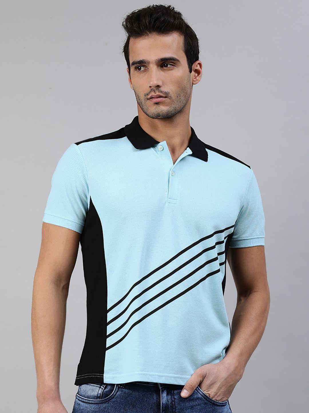 abof men turquoise blue & black colourblocked polo collar casual t-shirt