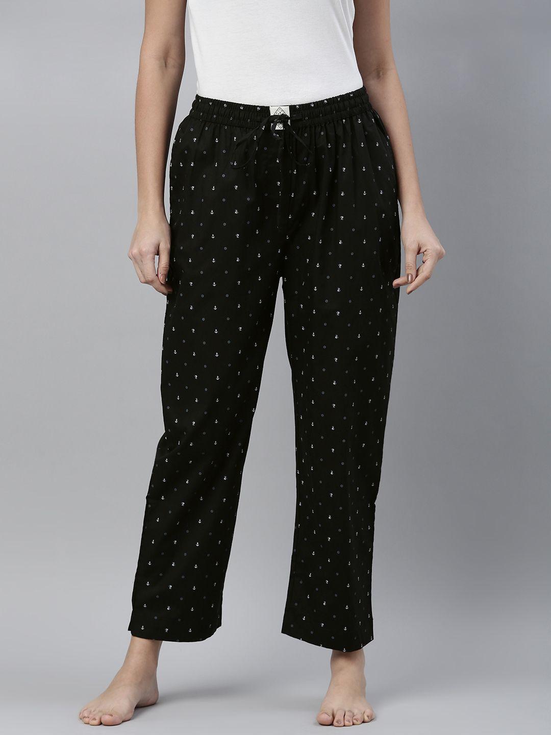 abof women black printed pure cotton lounge pants