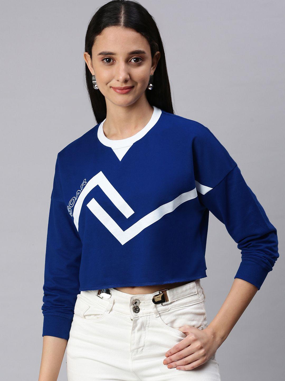 abof women blue  & white printed crop sweatshirt