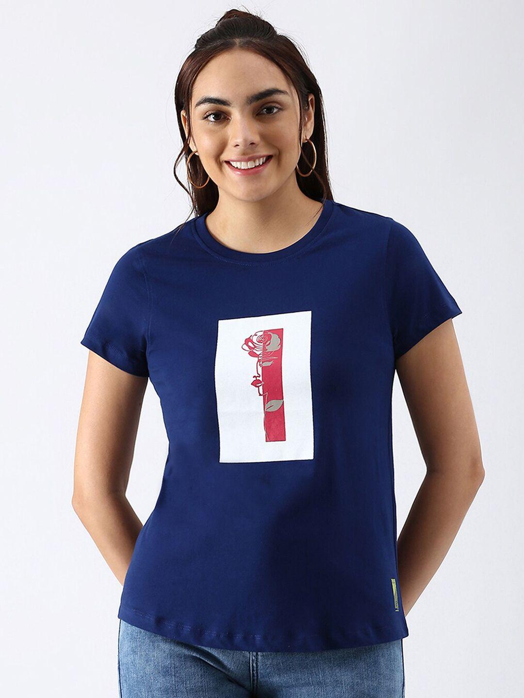 abof women blue printed pure cotton t-shirt