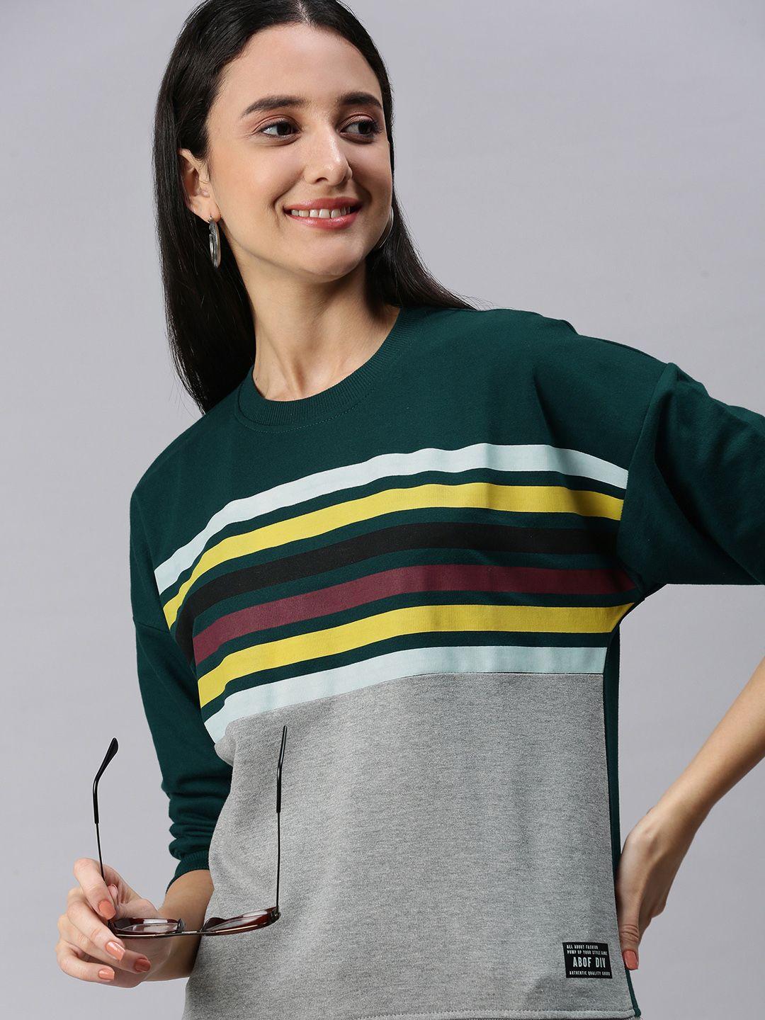 abof women green & grey striped sweatshirt