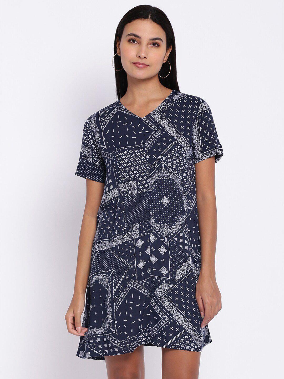 abof women navy blue & white printed v-neck a-line dress