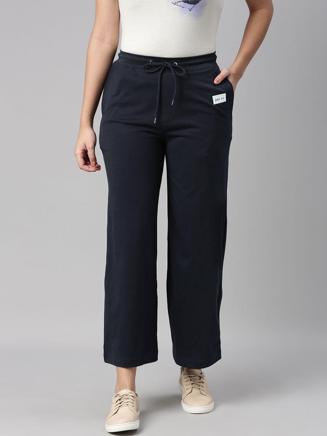 abof women navy blue solid track pants