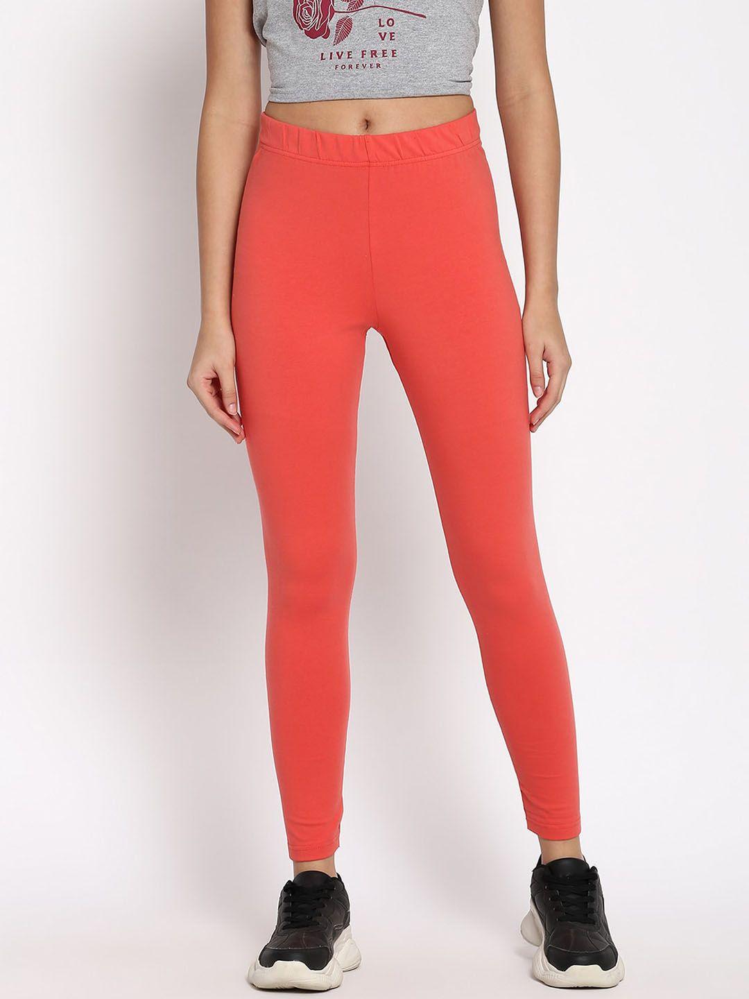 abof women orange-colored solid ankle-length leggings