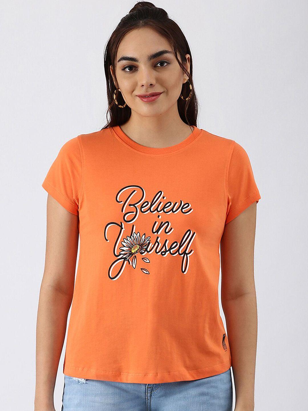 abof women orange typography printed pure cotton regular fit t-shirt