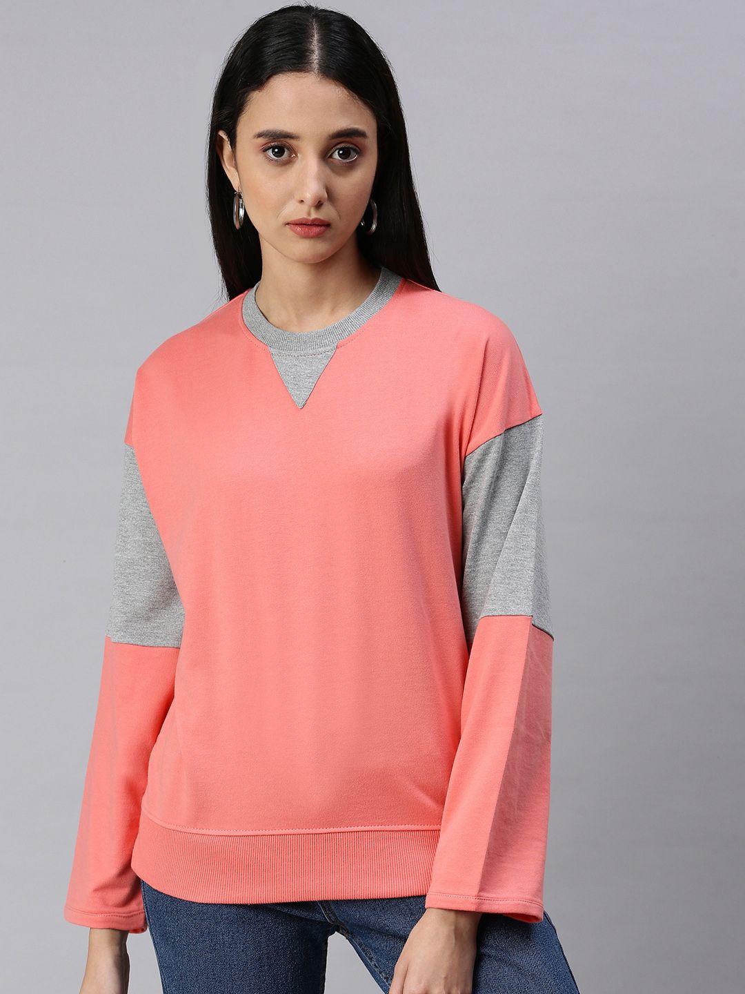 abof women peach-coloured & grey colourblocked sweatshirt