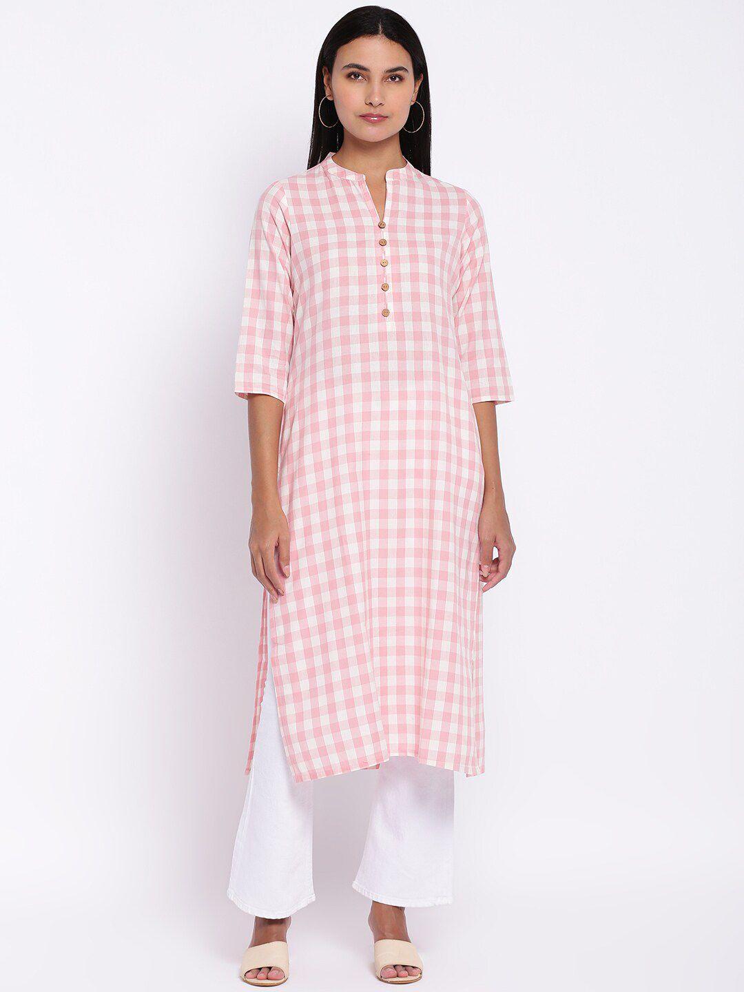 abof women pink checked printed straight fit kurta