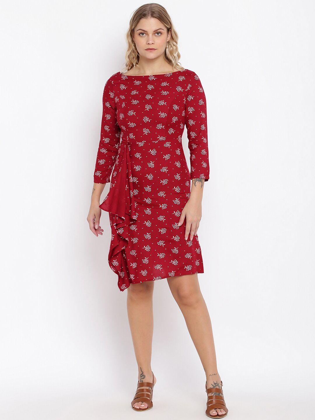 abof women red & white floral printed a-line dress