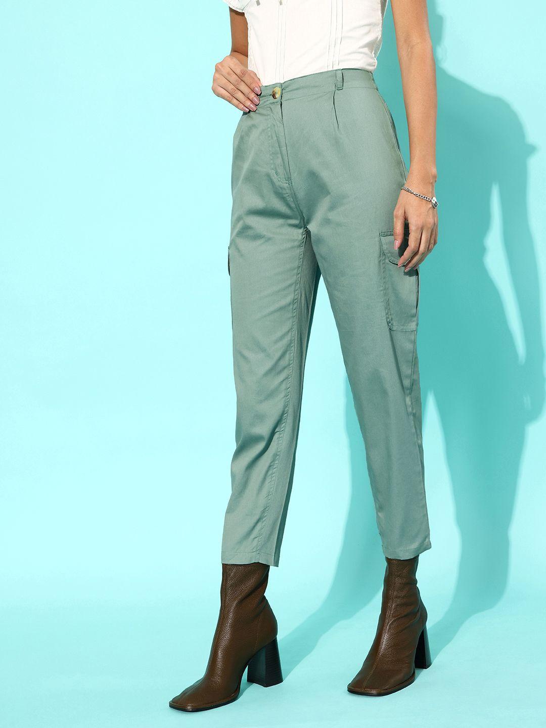 abof women sea green solid y2k fit trousers