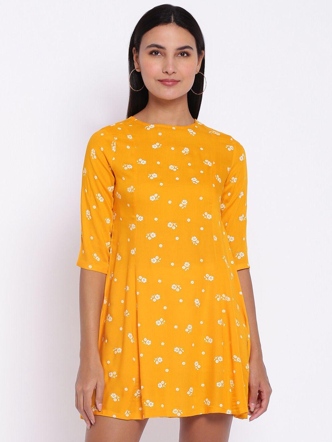 abof women yellow & white floral printed a-line dress