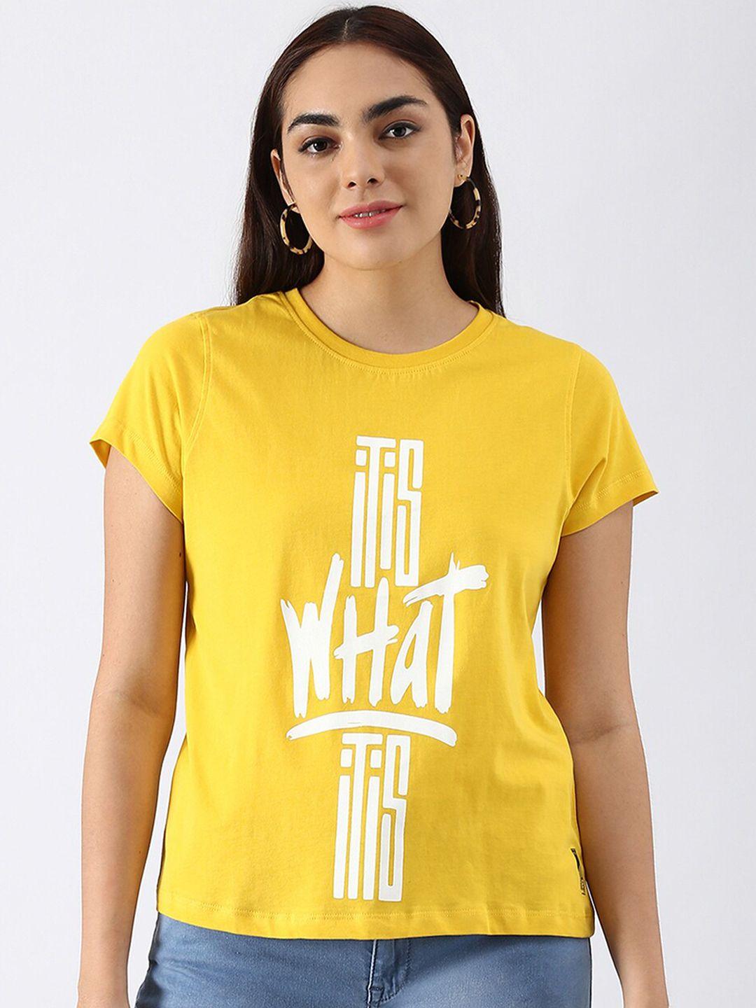 abof women yellow typography printed pure cotton t-shirt