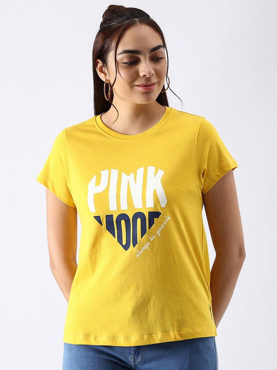 abof women yellow typography printed pure cotton t-shirt