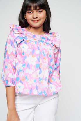 abstract cotton relaxed fit girls top - pale pink