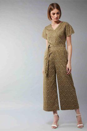 abstract half sleeves polyester women's regular length jumpsuit - multi