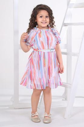 abstract polyester round neck girls casual wear dress with belt - multi