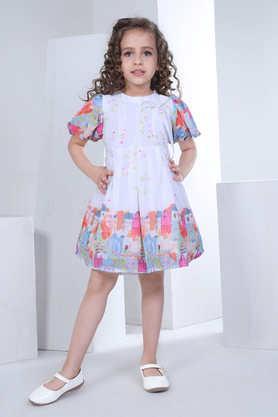 abstract polyester round neck girls dress - multi