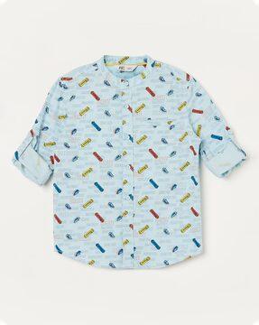 abstract print shirt with band collar