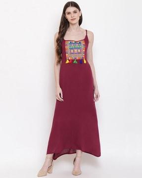 abstract print sleeveless gown dress with tassels
