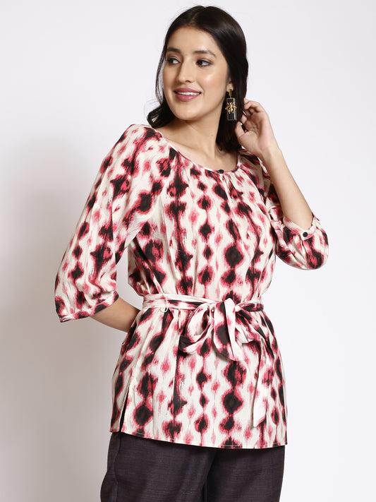 abstract printed belted georgette top